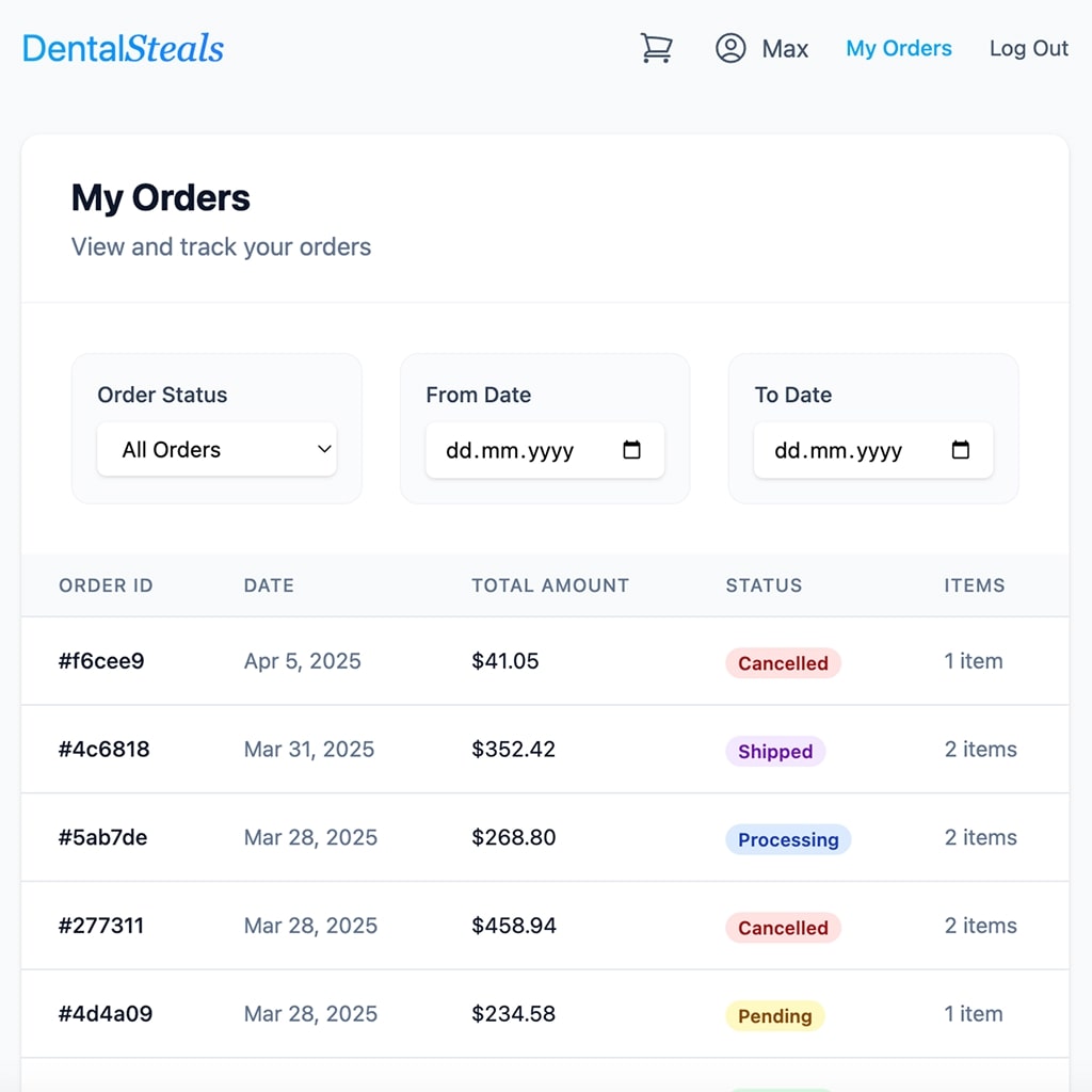 Dental order management interface